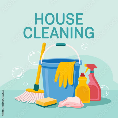 An organized illustration of house cleaning supplies including a bucket, gloves, and sprays, portraying the essential tools for maintaining a clean and tidy home environment.