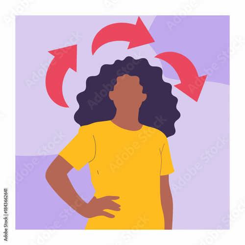 An illustration features a confident person with curly hair, showcasing a dynamic design with creative arrows, symbolizing action and positivity in a vibrant color palette.