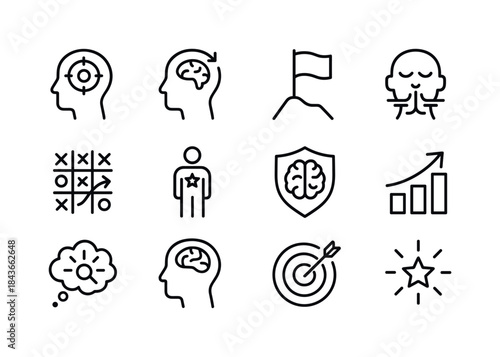 Mental Game Icons. Winning the mental game. Line icon set of win