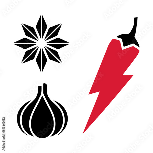 Stylized graphic illustration of a red chili pepper a garlic bulb and star anise isolated on white background