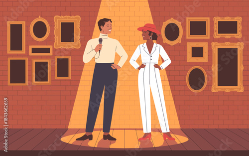 A comedic duo presents an engaging performance under a spotlight on stage, capturing the essence of humor, connection, and the vibrant energy of live entertainment.