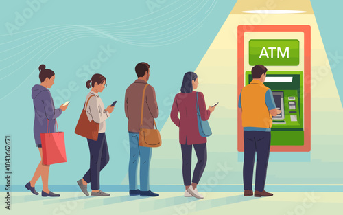 A diverse group of individuals waits in line at an ATM, engrossed in their digital devices, capturing the essence of modern everyday banking and convenience in public spaces.
