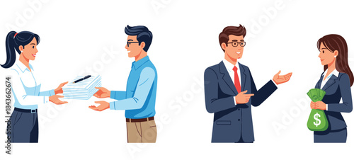 Business professionals exchanging documents and negotiating a financial deal with money bags, symbolizing paperwork, contracts, and corporate transaction process.