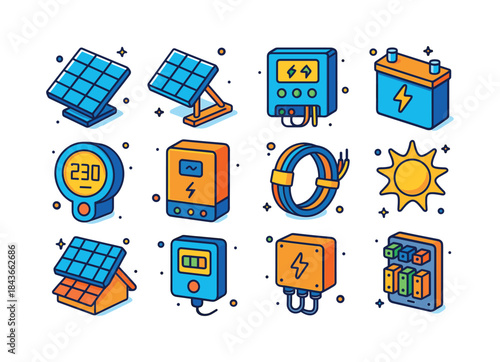 Colorful Solar System Icons. Solar energy system. Colorful isome