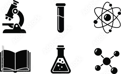 Collection of Science and Research Icons Including Microscope, Test Tube, Atom, Book, and Beaker