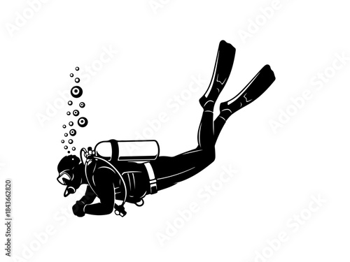 A black and white illustration of a scuba diver swimming underwater with bubbles rising.