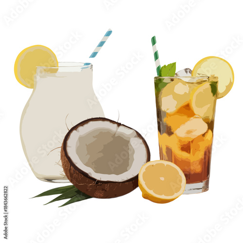 Refreshing coconut drink in a pitcher and iced tea with lemon and mint garnished with coconut and citrus slices isolated on white background