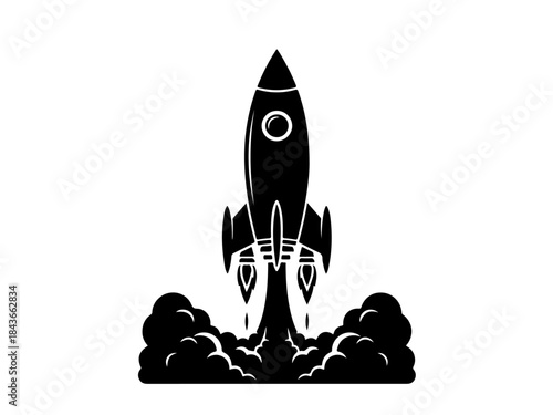 A black silhouette of a rocket launching into space with smoke billowing from its engines.