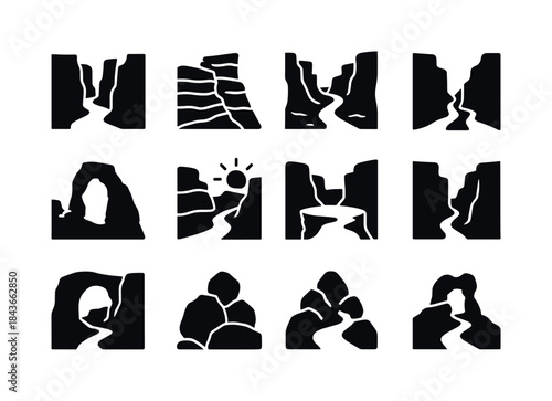 Canyon Icons Collection. Canyons. Solid icon set of Canyons: roc