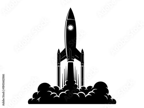 A black silhouette of a rocket launching upwards, emitting smoke and fire from its base, against a white background.