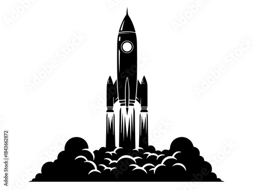 A black silhouette of a rocket launching into space, emitting smoke and fire from its boosters.