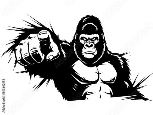 A powerful black and white illustration of a gorilla pointing directly at the viewer with an intense expression.