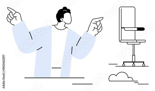 Workplace culture, productivity, communication, teamwork, modern design, creativity. Minimalist person gesturing at an office chair. Workplace and productivity