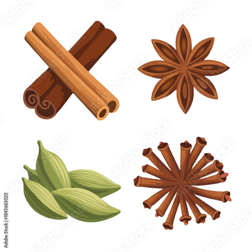 Four distinct spices arranged in quadrants cinnamon sticks star anise cardamom pods and cloves isolated on white background