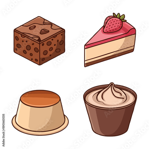 Four delicious dessert illustrations including a brownie strawberry cheesecake slice creme caramel and a chocolate mousse cup isolated on white background