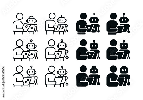 Robot Control Icon Set. A person controlling a robot via a table