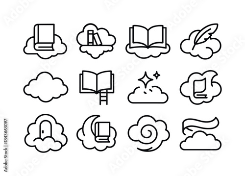 Cloud Book Icons. Book in the clouds. Line icon set of book in t