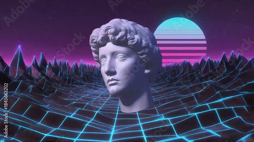 Retro surreal sculpture head floating above synthwave landscape