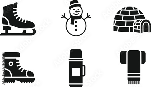 Winter season icons including ice skates, snowman, igloo, boots, thermos, and scarf for winter sports and activities