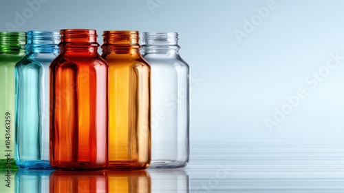 An artistic arrangement of colorful plastic bottles in various hues on a reflective surface, showcasing modern design, sustainability, and the vibrant aspects of recycled materials.