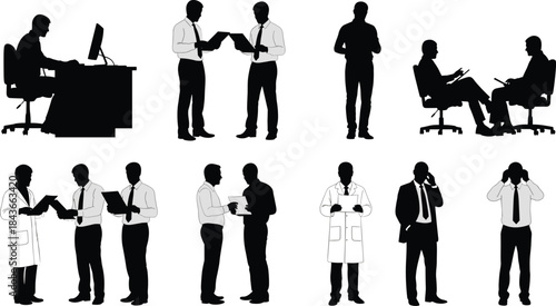 Professional business people, doctors, and office workers silhouettes, diverse occupations, teamwork, consultation, corporate environment, medical staff, 