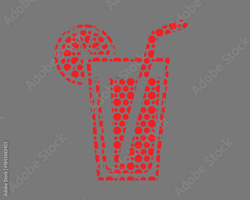 Red dotted glass of juice with straw and lemon slice icon