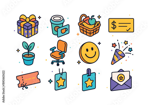 Colorful Workplace Icons. Workplace Perks. Colorful isometric ve