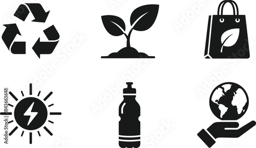 Eco-friendly icons representing sustainability, recycling, renewable energy, and plant growth