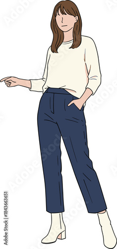 Vibrant illustration of a happy, stylish woman wearing business casual attire, cheering enthusiastically with one arm raised while taking a successful selfie with her mobile phone.