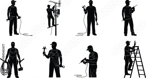 Professional Handyman and Industrial Workers Silhouette Vector Set, Repair, Construction, Service, and Maintenance Collection, Featuring Builder, Electrician, Plumber,