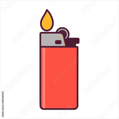 Cartoonstyled lighter with a bright yellow flame and a coralcolored body.
