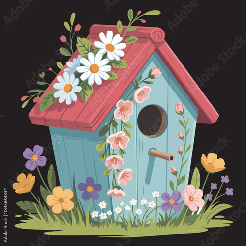 Whimsical Birdhouse in a Vibrant Spring Garden