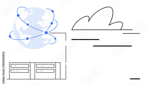 Cloud computing, global networking, data integration, digital infrastructure, technology advancement, connectivity. Servers, globe and cloud outline with connecting lines. Cloud computing and global
