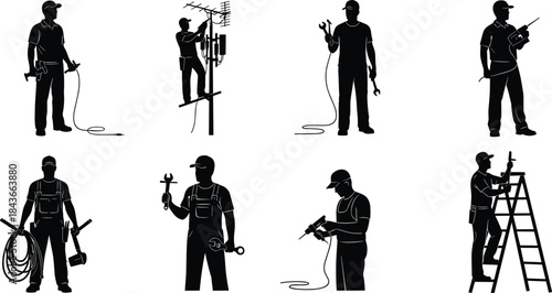 Professional tradesmen and industrial workers silhouettes collection, including mechanic, construction, electrician, cable installer, handyman, and repair technician, 