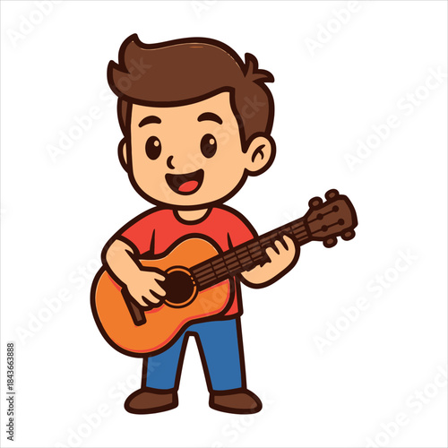 Cheerful Cartoon Boy Playing Acoustic Guitar with Smiling Expression.