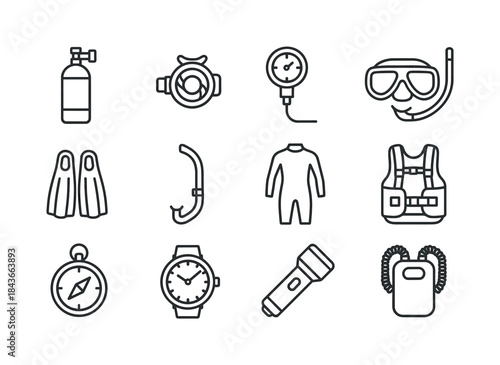 Diving Gear Icons. Diving Equipment. Line icon set of Diving Equ