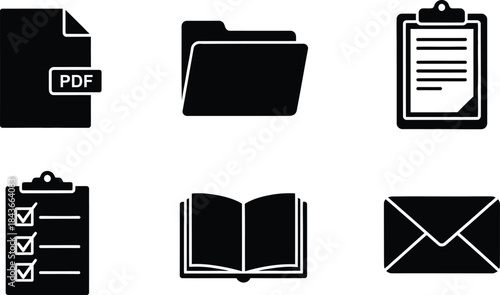 Collection of icons representing document management and organizational tools for business and educational purposes