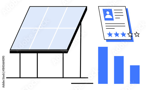 Solar panel angled on support, rated user profile card with stars, and bar chart. Ideal for sustainability, green energy, analytics, evaluation, performance reviews growth tracking. Clean flat