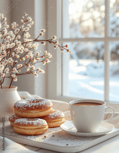 Powdered donuts and cup of coffee sit on table by window, with snowy landscape outside