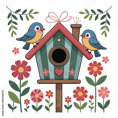 Cute Birds Perched on a Birdhouse Surrounded by Spring Flowers