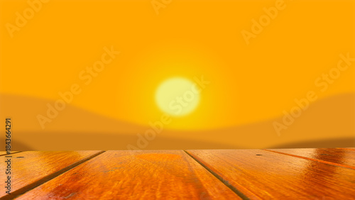 An illustration of a wooden table against a blurred sunset.