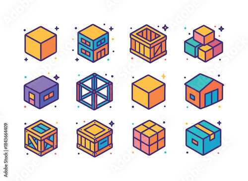 Colorful Isometric Icons. boxy structure. Colorful isometric vec