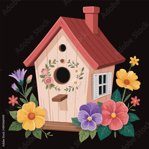 Cottage Birdhouse in a Secret Garden Floral Bird Home Against the Night