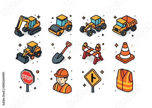 Road Construction Icons. Road Construction. Colorful isometric v