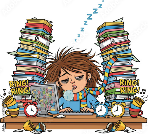 cartoon office with a woman sleeping at her desk9