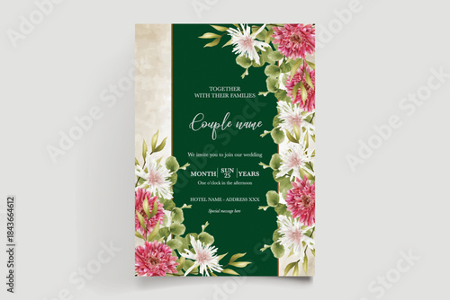 WEDDING INVITATION FRAME WITH FLOWER DECORATIONS AND FRESH LEAVES