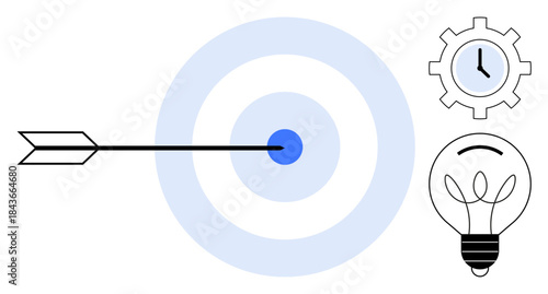 Goal setting, business strategies, innovation, achievement, time management, productivity. Arrow hitting bullseye target with light bulb and clock gear symbols. Goal setting and business strategies