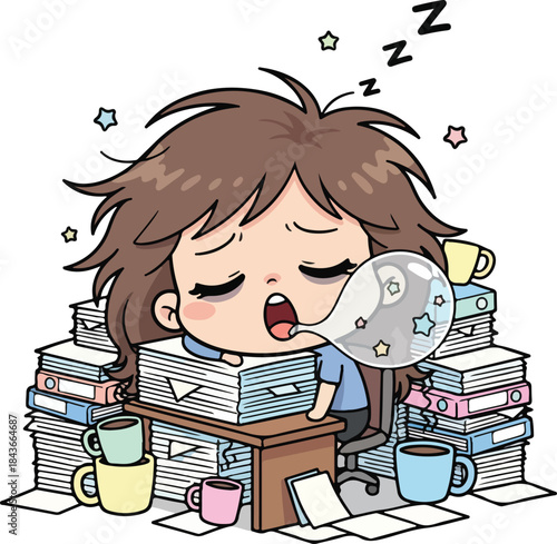 cartoon office with a woman sleeping at her desk9