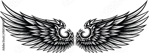 Stylized tribal wings illustration, majestic angel feather design in striking blue and black colors, mythical emblem for fantasy, tattoo art, graphic novel covers, 