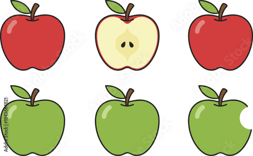 Illustrative collection showing a variety of red and green apples, featuring whole fruit, a cross-section revealing seeds, and a partially eaten apple to represent consumption and health.